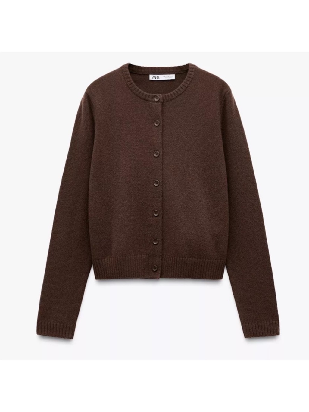 Zara Dark Brown Crewneck 100% Wool Button Cardigan
